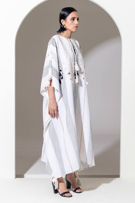 Kusmi_White Cotton Sequins Round Neck Shell Embroidered Kaftan With Slip _at_Aza_Fashions