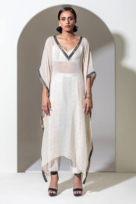 Kusmi Ivory Organza Sequins, Beads Plunge Neck And Embroidered Kaftan Online at Aza Fashions Kusmi_Ivory Organza Sequins, Beads Plunge Neck And Embroidered Kaftan _Online_at_Aza_Fashions
