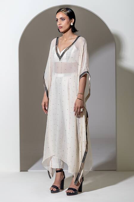 Shop Kusmi Ivory Organza Sequins, Beads Plunge Neck And Embroidered Kaftan Online at Aza Fashions Shop_Kusmi_Ivory Organza Sequins, Beads Plunge Neck And Embroidered Kaftan _Online_at_Aza_Fashions