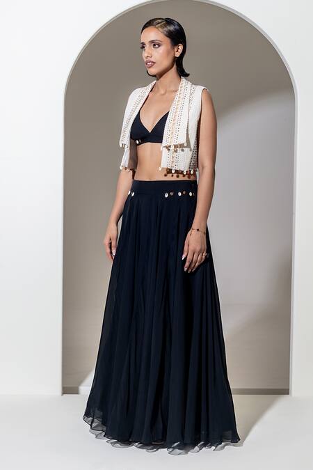 Shop Kusmi Black Organza Beads Embroidered Flared Skirt Online at Aza Fashions Shop_Kusmi_Black Organza Beads Embroidered Flared Skirt _Online_at_Aza_Fashions