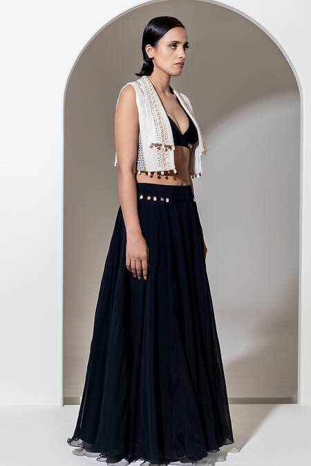 Kusmi Black Organza Beads Embroidered Flared Skirt at Aza Fashions Kusmi_Black Organza Beads Embroidered Flared Skirt _at_Aza_Fashions