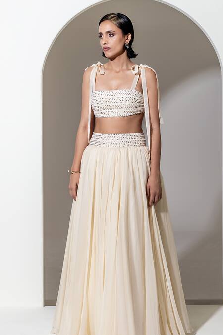 Kusmi_Ivory Organza Sequins, Embroidery Skirt _Online_at_Aza_Fashions