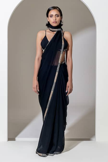 KUSMI Black Organza Embroidered Sequin And Bead Saree With Unstitched Blouse Piece 