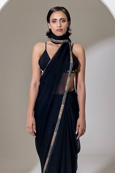 Kusmi_Black Organza Sequins, Beads And Embroidered Saree With Unstitched Blouse Piece _Online_at_Aza_Fashions