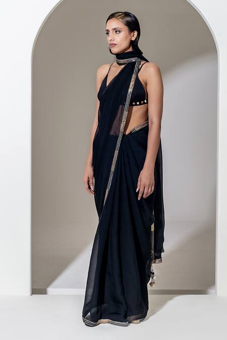 Buy_Kusmi_Black Organza Sequins, Beads And Embroidered Saree With Unstitched Blouse Piece _Online_at_Aza_Fashions