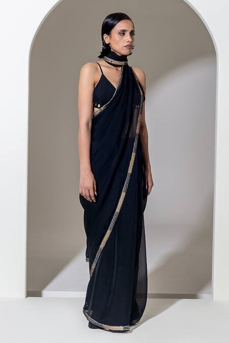 Shop_Kusmi_Black Organza Sequins, Beads And Embroidered Saree With Unstitched Blouse Piece _Online_at_Aza_Fashions