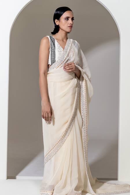 Buy_Kusmi_Ivory Organza Sequins, Embroidery Saree With Unstitched Blouse Piece _Online_at_Aza_Fashions