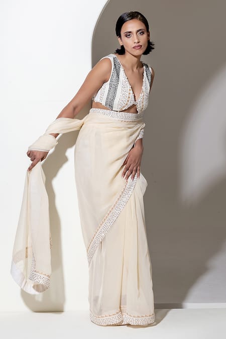 Shop_Kusmi_Ivory Organza Sequins, Embroidery Saree With Unstitched Blouse Piece _Online_at_Aza_Fashions