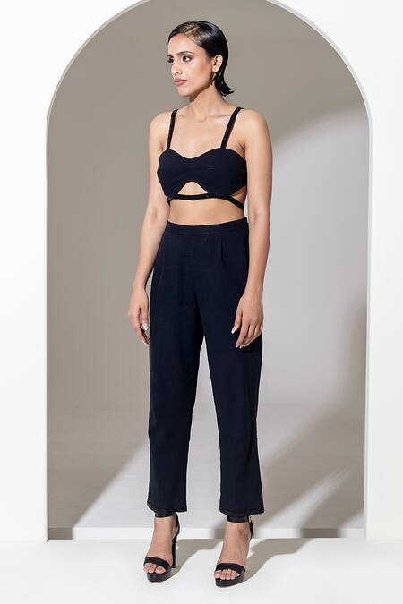 Kusmi_Black Cotton Sequins Sweetheart Neck Embroidered Bralette _Online_at_Aza_Fashions