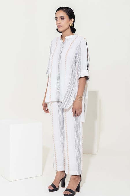 Kusmi Ivory Cotton Sequins Mandarin Collar Button Down Embellished Shirt Online at Aza Fashions Kusmi_Ivory Cotton Sequins Mandarin Collar Button Down Embellished Shirt _Online_at_Aza_Fashions