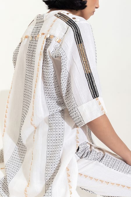 Shop Kusmi Ivory Cotton Sequins Mandarin Collar Button Down Embellished Shirt Online at Aza Fashions Shop_Kusmi_Ivory Cotton Sequins Mandarin Collar Button Down Embellished Shirt _Online_at_Aza_Fashions