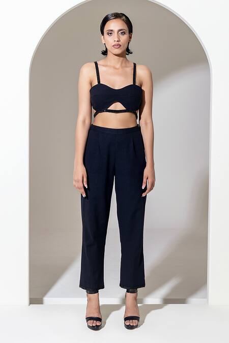 Kusmi_Black 100% Handwoven Cotton Embroidered Sequin And Bead Hem Pant _Online_at_Aza_Fashions