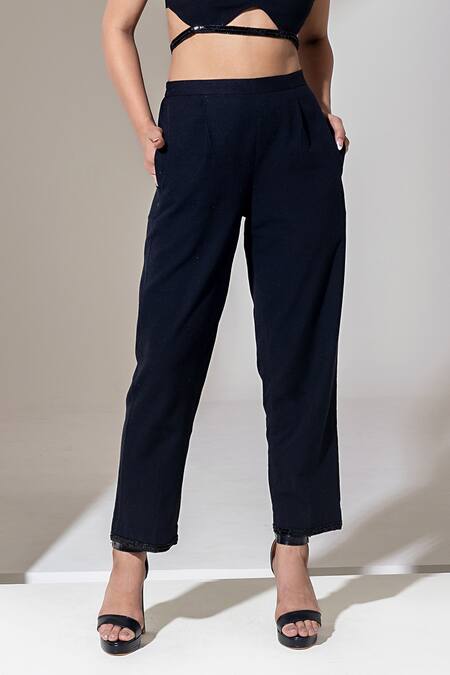 Kusmi_Black 100% Handwoven Cotton Embroidered Sequin And Bead Hem Pant _at_Aza_Fashions