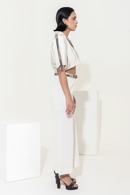 Kusmi_Ivory 100% Handwoven Cotton Front Pleated Wide Leg Pant _Online_at_Aza_Fashions