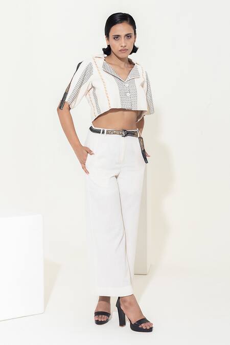 Shop_Kusmi_Ivory 100% Handwoven Cotton Front Pleated Wide Leg Pant _Online_at_Aza_Fashions