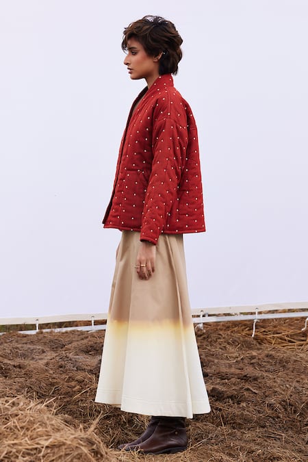 Buy_Kharakapas_Red Cotton Embroidery V-neck Amber Motif Pattern Quilted Jacket _Online_at_Aza_Fashions