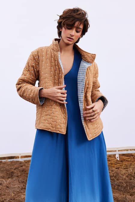 Kharakapas_Beige Cotton Mandarin Collar Barn Stand Quilted Jacket _Online_at_Aza_Fashions