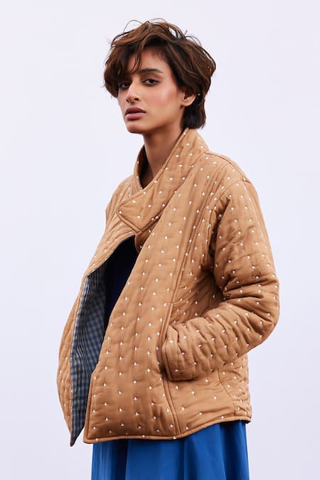Buy_Kharakapas_Beige Cotton Mandarin Collar Barn Stand Quilted Jacket _Online_at_Aza_Fashions