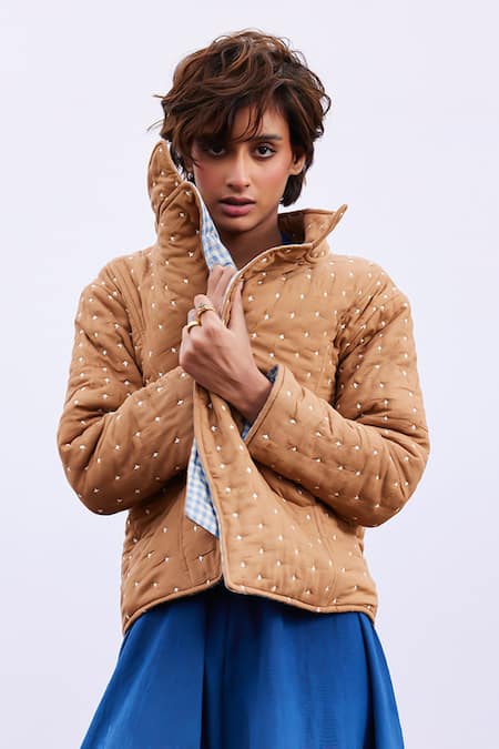 Shop_Kharakapas_Beige Cotton Mandarin Collar Barn Stand Quilted Jacket _Online_at_Aza_Fashions