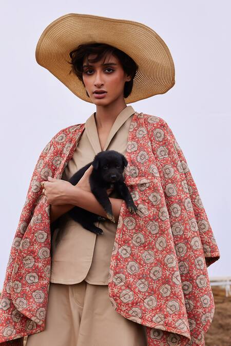Buy_Kharakapas_Red Cider Wildflora Print Reversible Quilted Cape _Online_at_Aza_Fashions