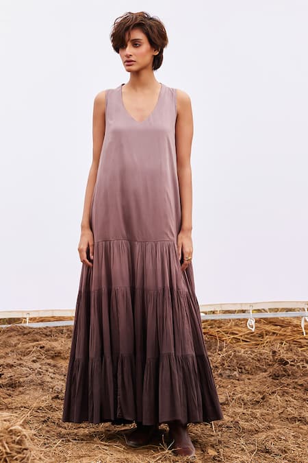 Kharakapas Purple Cotton Mul Ombre V Neck Currant Tiered Maxi Dress 