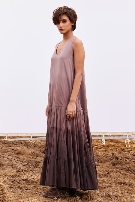 Kharakapas_Purple Cotton V-neck Currant Ombre Tiered Maxi Dress _Online_at_Aza_Fashions