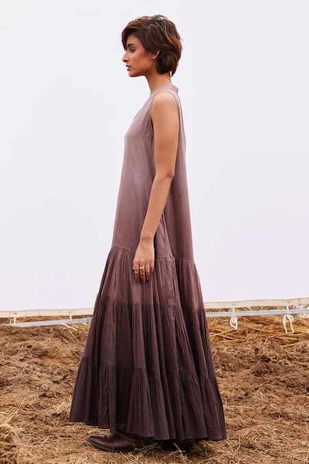 Buy_Kharakapas_Purple Cotton V-neck Currant Ombre Tiered Maxi Dress _Online_at_Aza_Fashions