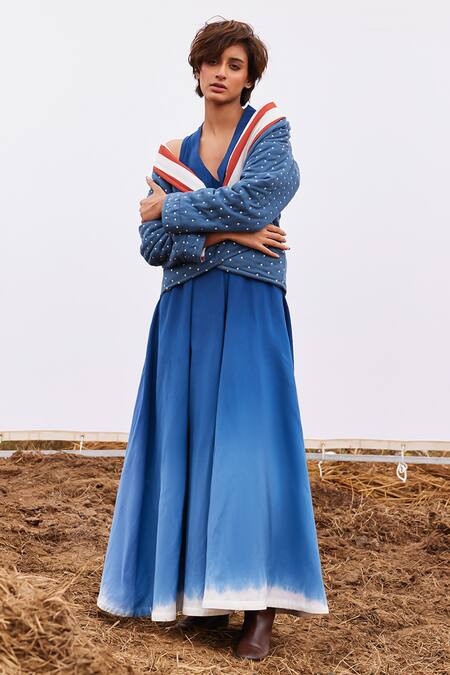 Buy_Kharakapas_Blue Cotton Shawl Neck Cyan Quilted Jacket _Online_at_Aza_Fashions