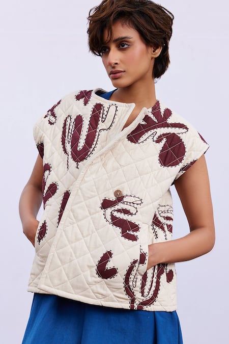 Kharakapas_Off White Denim Asymmetric Hazel Print Quilted Jacket _Online_at_Aza_Fashions