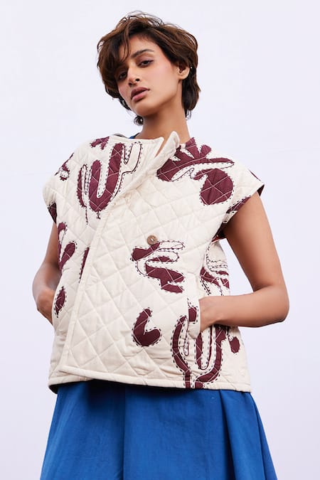 Buy_Kharakapas_Off White Denim Asymmetric Hazel Print Quilted Jacket _Online_at_Aza_Fashions