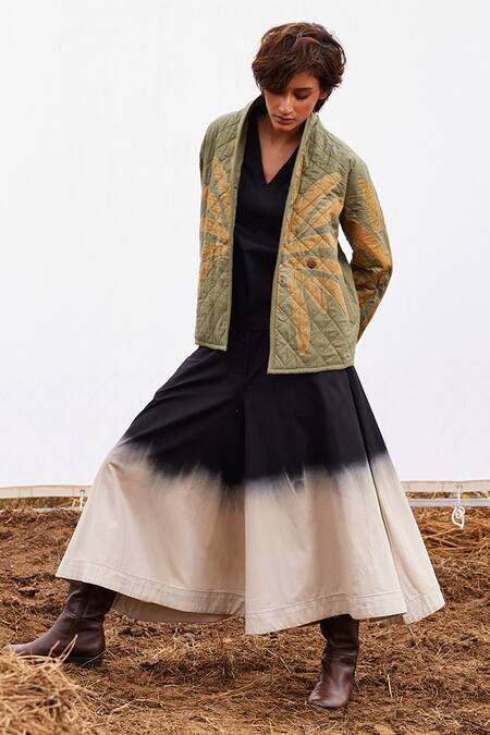 Kharakapas_Green Cotton Embroidery Shawl Neck Floral Block Print Jacket _Online_at_Aza_Fashions
