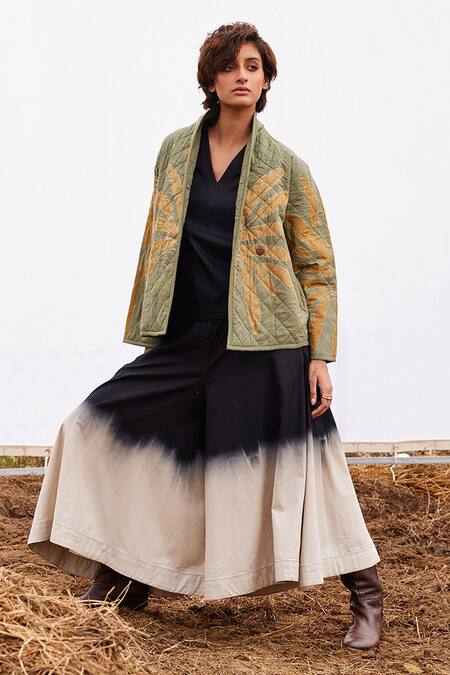 Buy_Kharakapas_Green Cotton Embroidery Shawl Neck Floral Block Print Jacket _Online_at_Aza_Fashions