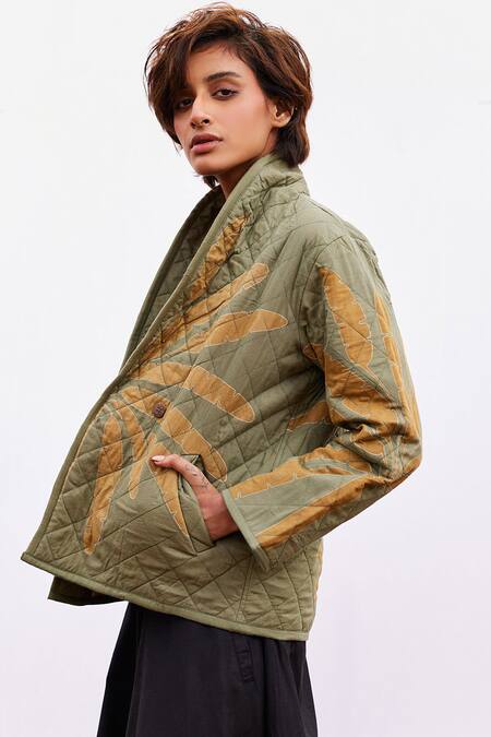 Shop_Kharakapas_Green Cotton Embroidery Shawl Neck Floral Block Print Jacket _Online_at_Aza_Fashions