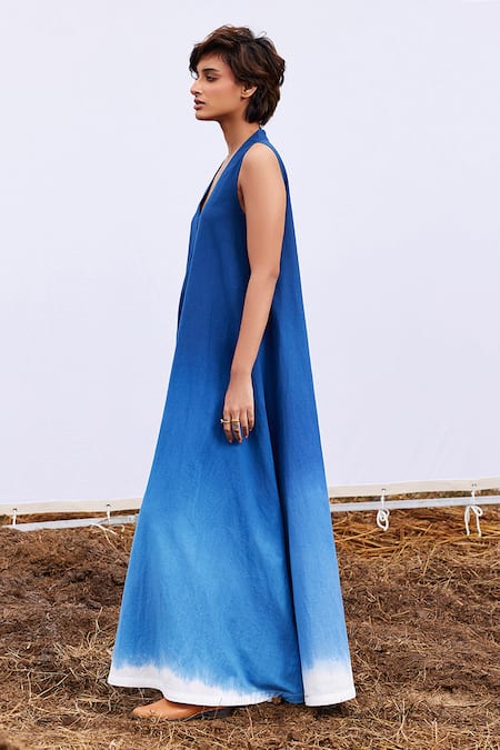 Kharakapas_Blue Handloom Cotton V-neck Marine Jumpsuit _Online_at_Aza_Fashions