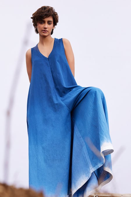 Shop_Kharakapas_Blue Handloom Cotton V-neck Marine Jumpsuit _Online_at_Aza_Fashions