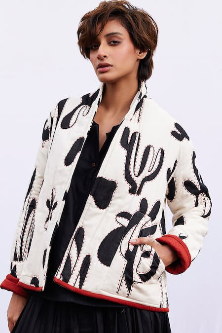 Kharakapas_Off White Cotton Mul Lino Print Jacket _Online_at_Aza_Fashions