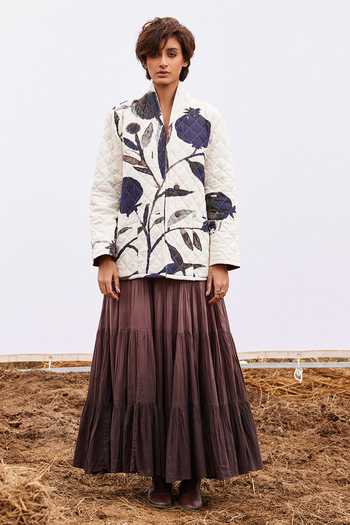 Kharakapas_Off White Cotton Shawl Neck Bloom Print Quilted Jacket _Online_at_Aza_Fashions