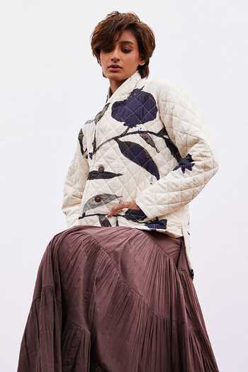 Shop_Kharakapas_Off White Cotton Shawl Neck Bloom Print Quilted Jacket _Online_at_Aza_Fashions