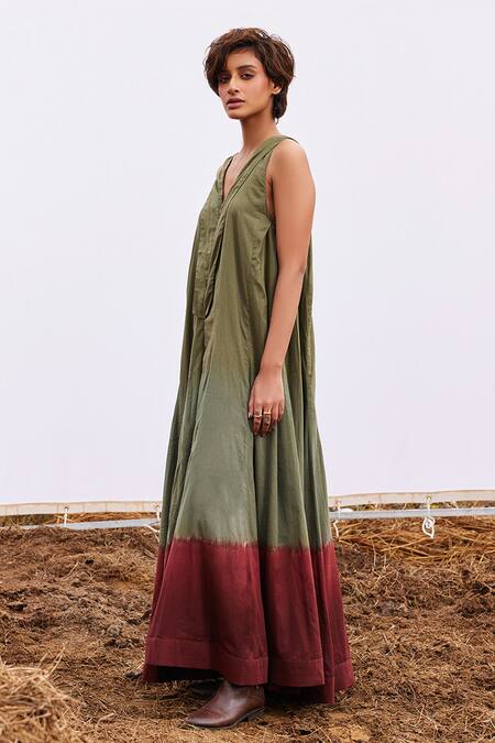 Kharakapas_Green Cotton V-neck Sage Mul Jumpsuit _Online_at_Aza_Fashions