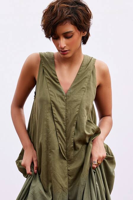 Shop_Kharakapas_Green Cotton V-neck Sage Mul Jumpsuit _Online_at_Aza_Fashions