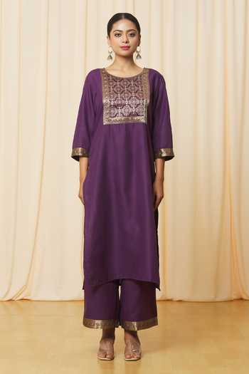 Samyukta Singhania_Magenta Cotton, Silk Embroidery Round Neck Straight Kurta Set With Woven Dupatta_Online_at_Aza_Fashions