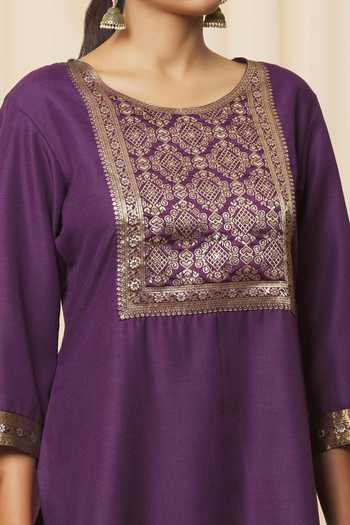 Buy_Samyukta Singhania_Magenta Cotton, Silk Embroidery Round Neck Straight Kurta Set With Woven Dupatta_Online_at_Aza_Fashions