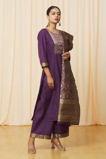 Shop_Samyukta Singhania_Magenta Cotton, Silk Embroidery Round Neck Straight Kurta Set With Woven Dupatta_Online_at_Aza_Fashions
