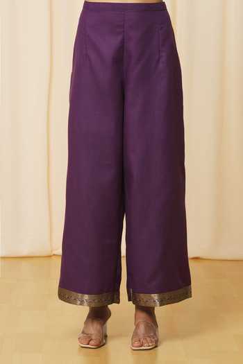 Samyukta Singhania_Magenta Cotton, Silk Embroidery Round Neck Straight Kurta Set With Woven Dupatta_at_Aza_Fashions