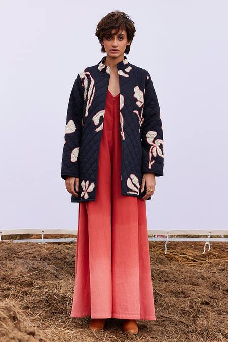 Kharakapas_Black Cotton Mandarin Collar Ash Arum Lily Print Quilted Jacket _Online_at_Aza_Fashions