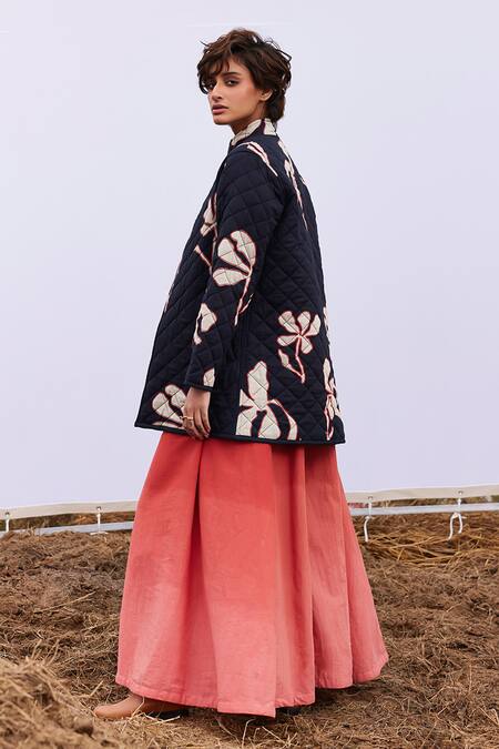 Shop_Kharakapas_Black Cotton Mandarin Collar Ash Arum Lily Print Quilted Jacket _Online_at_Aza_Fashions