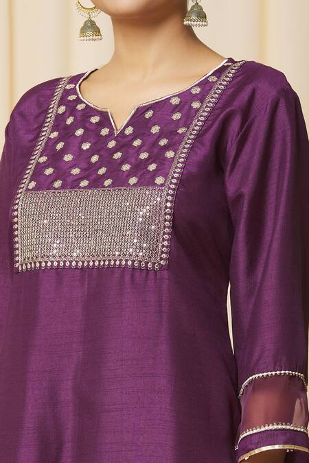 Buy_Samyukta Singhania_Purple Polyester, Net Sequins, Beads Split Straight Floral Pattern Kurta Set_Online_at_Aza_Fashions