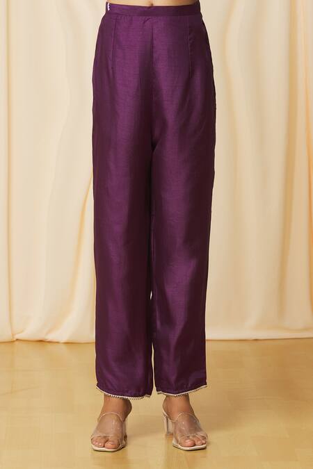 Samyukta Singhania_Purple Polyester, Net Sequins, Beads Split Straight Floral Pattern Kurta Set_at_Aza_Fashions