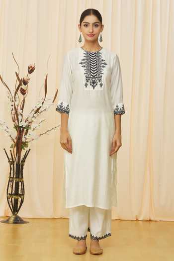 Samyukta Singhania_White Cotton, Net Embroidery, Mirrors Round Neck Straight Kurta Set_Online_at_Aza_Fashions