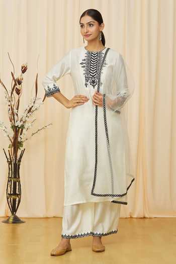 Buy_Samyukta Singhania_White Cotton, Net Embroidery, Mirrors Round Neck Straight Kurta Set_Online_at_Aza_Fashions